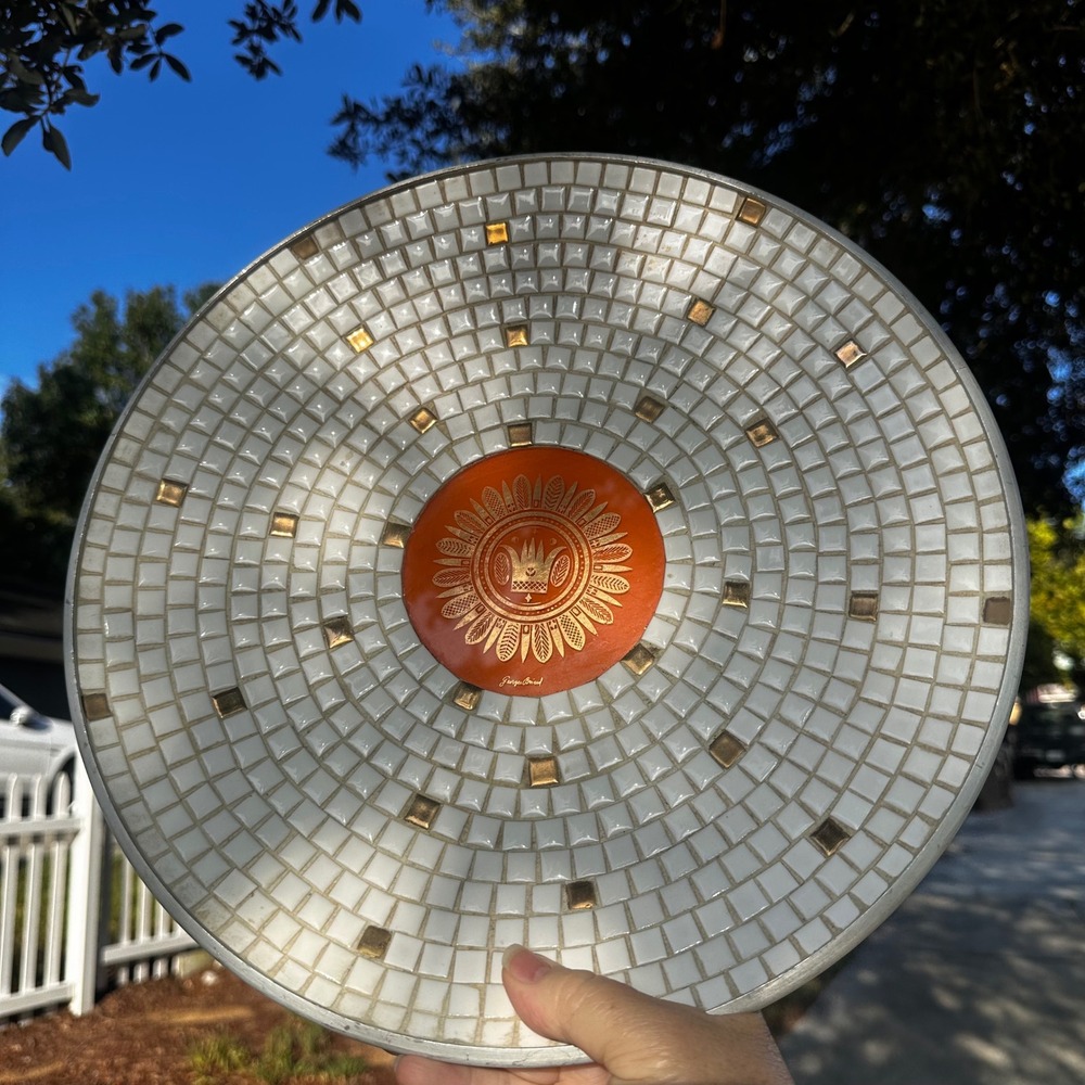 Georges Briard 13.5" Mosaic Glass Serving Platter Charger White Gold ORANGE MCM